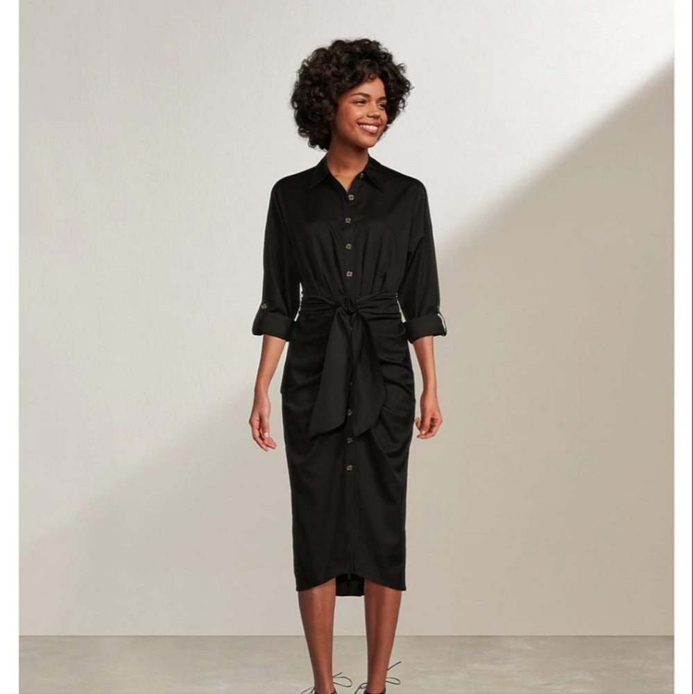 NWT Antonio Melani Roxanne Point Collar Ruched Tie Waist Black Dress